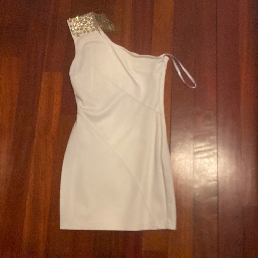 White one shoulder Bebe dress.